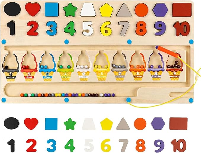 3-in-1 Magnetic Color and Number Maze, Montessori Toy for Kids 3+ Year Old, Shape & Number Wooden Puzzle Board, Toddler Fine Motor Skills Preschool Educational Toys, Gifts for Boys Girls
