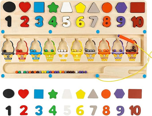 3-in-1 Magnetic Color and Number Maze, Montessori Toy for Kids 3+ Year Old, Shape & Number Wooden Puzzle Board, Toddler Fine Motor Skills Preschool Educational Toys, Gifts for Boys Girls
