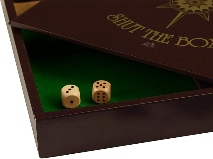 STERLING Games Wooden Shut The Box Game 12 Numbers with Home Decor Design Lid Cover and Felted Rolling Surface, Brown
