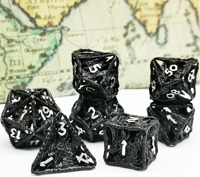 HAOMEJA Dice Hollow DND Dragon Metal Dice Set 7 Role Playing Dice D&D Dungeons and Dragons Dice (Black)