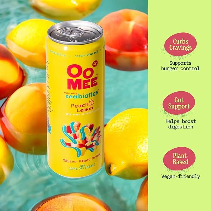 OoMee Prebiotic Drink | Peach & Lemon | Plant-Based Vegan Beverage with Marine-Sourced Agar Prebiotics (Seabiotics) for Digestive & Gut Health Functional Drink – 12oz Cans, 12-Pack