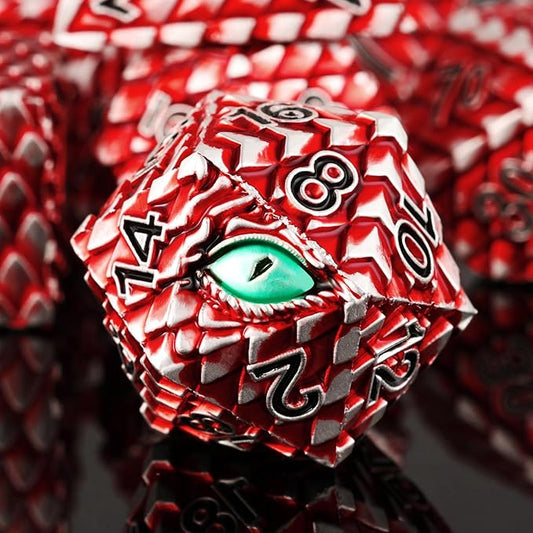Dragon Eye Metal Dice Set - 7 Pcs Dragon Scale Metallic D&D Dice, Gift Box (Red Dragon Scale & Green Eye)
