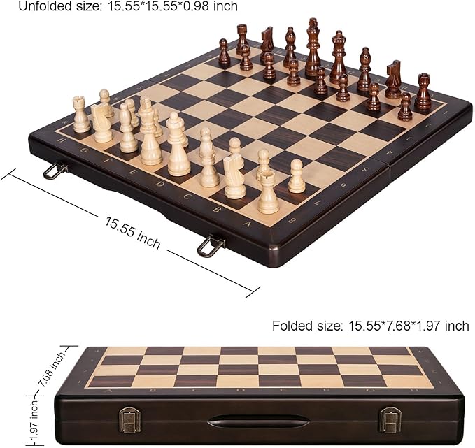 2 in 1 Wooden Magnetic Chess Set & Checkers Board Game-15'' Foldable Chess Board for Adults & Kids-Portable Travel Chess Set with Pieces Storage Slots-2 Extra Queens-Beginner Chess Board Game