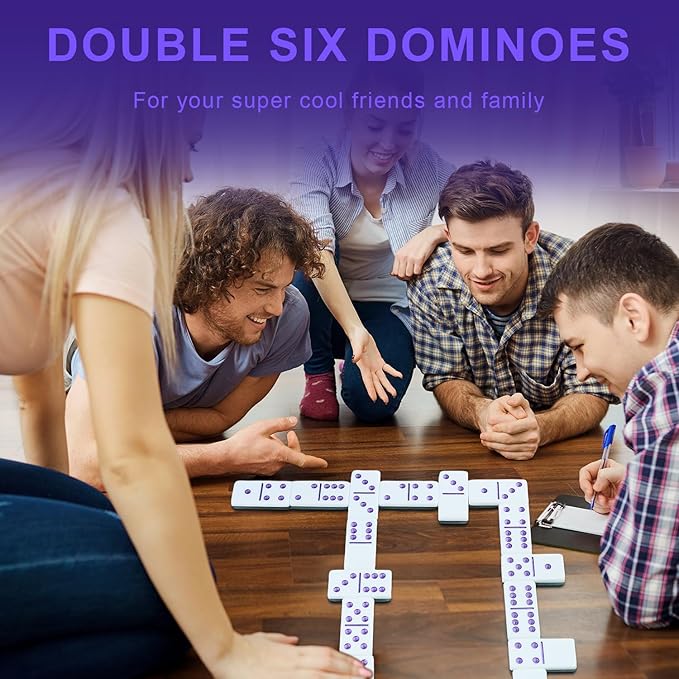 Dominoes Set for Adults, Double 6 Dominos Game Set with 28 Domino Tiles Double with Upscale Gift Boxes -7 Polyhedral Dice -Classic Board Games (Light Blue)