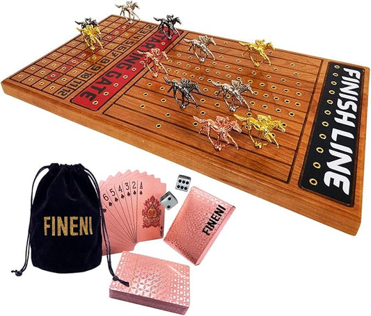 Horse Racing Game for Adults, Horse Race Board Game with 11 Luxurious Metal Horses (Gold, Silver, Black, Rose Gold), 22” Cherry Wood Horse Race Game Board, Dice & RoseGoldCard Included (Cherry)