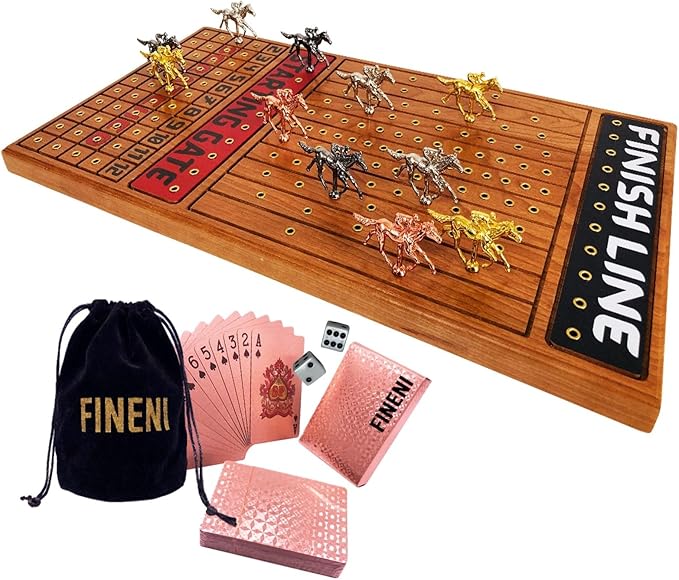 Horse Racing Game for Adults, Horse Race Board Game with 11 Luxurious Metal Horses (Gold, Silver, Black, Rose Gold), 22” Cherry Wood Horse Race Game Board, Dice & RoseGoldCard Included (Cherry)