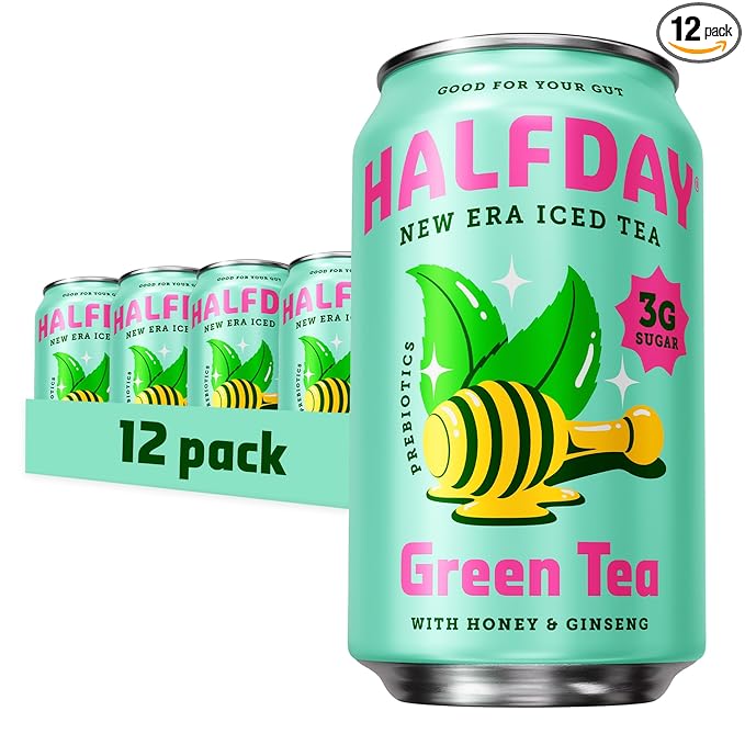 HALFDAY Prebiotic Green Tea with Honey & Ginseng, Supports Digestive & Gut Health, 6g Plant Fiber, Low Sugar, 30 Calories, Natural Caffeine, Gluten Free, 12 fl oz (12 pack) Packaging May Vary