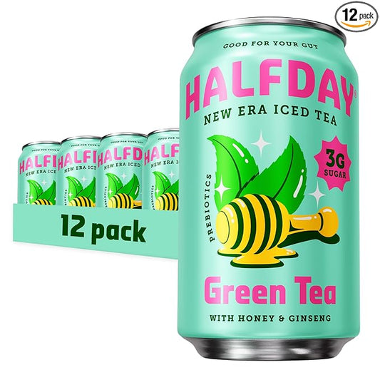 HALFDAY Prebiotic Green Tea with Honey & Ginseng, Supports Digestive & Gut Health, 6g Plant Fiber, Low Sugar, 30 Calories, Natural Caffeine, Gluten Free, 12 fl oz (12 pack) Packaging May Vary