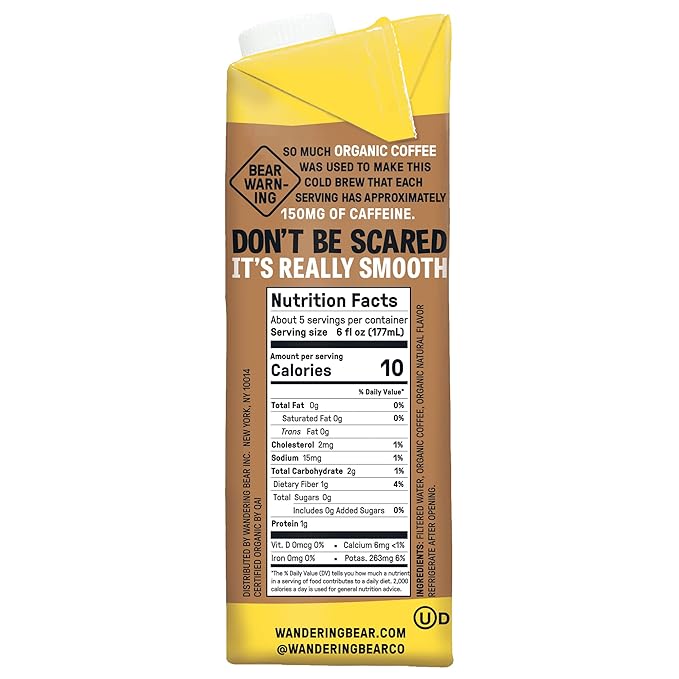 Wandering Bear Organic Caramel Cold Brew Coffee, 32 fl oz, 6 pack - Extra Strong, Bold, Smooth, Unsweetened, Shelf-Stable, Ready to Drink, Gluten Free, & Vegan, Iced Cold Brewed Coffee Drinks