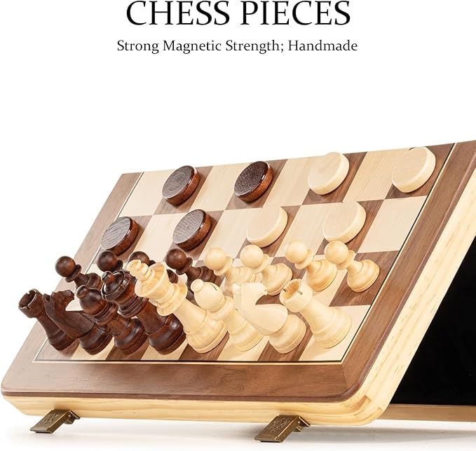 A&A 15" Magnetic Wooden Chess Set/Folding Board / 3" King Height German Knight Staunton Chess Pieces/Mahogany & Maple Inlaid /2 Extra Queen