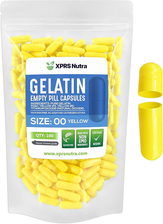 XPRS Nutra Size 00 Empty Capsules - 100 Count Empty Gelatin Capsules - Pills DIY Capsule Filling - Fillable Pill Gel Caps for Do-It-Yourself Supplements (Yellow)