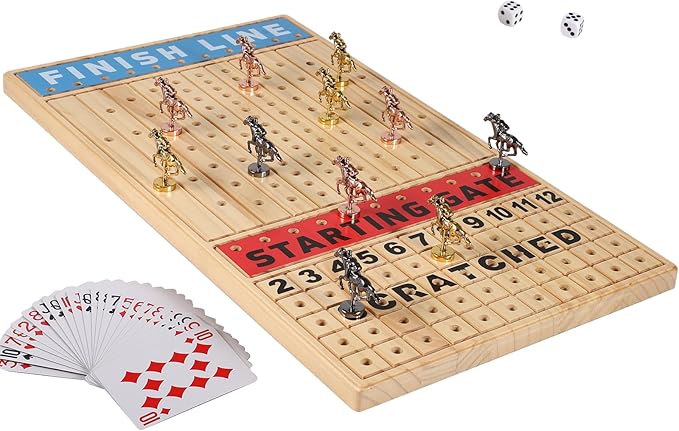 Large 21 inches Horse Racing Board Game Thickened Solid Wood with 11 Luxurious Durable Classic Metal Horses Including Dice and Cards Finish LINE Race Game Board Racing Game Set (Large, Log)