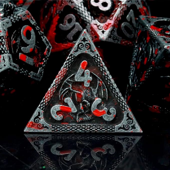 Haxtec Bloodstained Metal DND Dice Set - Antique Iron Blood Metal D&D Dice Set with Dragon Scale and Leather Dice Bag - Polyhedral Dice for Dungeons and Dragons TTRPG Gifts