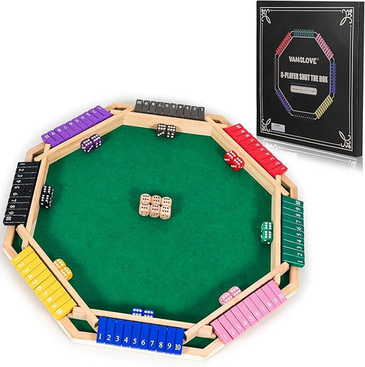 Vamslove Upgraded 2-8 Players Shut The Box Dice Game-Colorful 8-Way Wooden Board Table Math Game with 16 +6 Dices - Close The Box for Kids, Adults Families Party Club (Instruction Included)