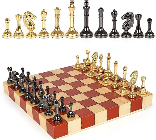 Metal Chess Set – Wooden Chess Board Set Travel Chess Sets,Metal Handcrafted Chessmen, Bonus 2 Extra Queens, Portable Classic Chess Game for Adults Family Board Game