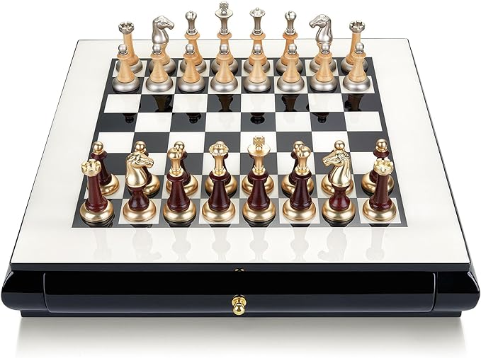 AMEROUS 16 Inches Wooden Chess Set, Large Size Board with 2 Built-in Storage Drawers - 2 Extra Queens - Metallic & Wooden Chess Pieces - Gift Packaging, Board Games for Adults and Kids
