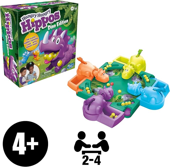 Hasbro Gaming Hungry Hungry Hippos Dino Edition Board Game, Pre-School Game for Ages 4 and Up; for 2 to 4 Players (Amazon Exclusive)