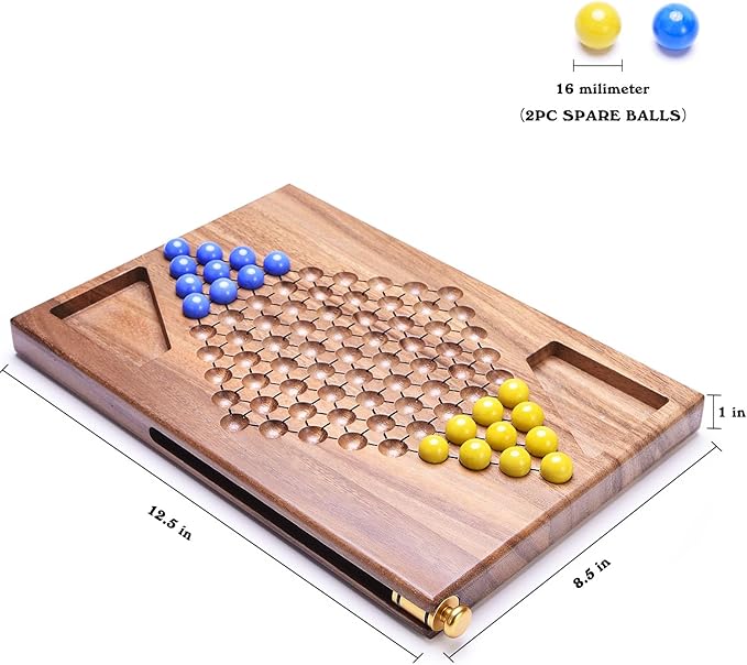 VAMSLOVE 12.5" Wooden Chinese Checkers Two Player Board Game - Chinese Checkerboard for 2 - w/Glass Marbles (16-Millimeter) - Games Instructions Included - Ideal Gift Home (Walnut Wood)