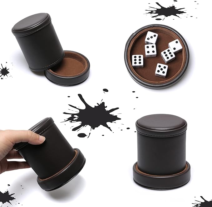 PU Leather Dice Cup with Lid, Dark Chocolate Leatherette and Dark Brown Felt-Lined Quiet Dice Shaker Cup, Including 6 Black Dot Dice for Liars Dice/ Farkle/ Yahtzee Games, 1 Pack