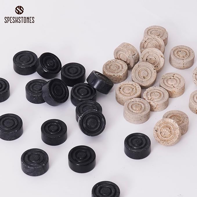 Marble Checkers 1.25 Inch Black and Travertine Stone Pieces for Classic Checker Board Games, Tabletop Strategy Set for Adults & Family, Travel and Outdoor Play