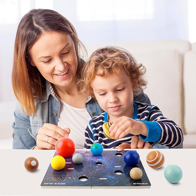 Solar System Wooden Puzzle Toy Model for Kid 3-5, Toddler Montessori Movable Planet Name Board Game, Outer Space Themed Imaginary Sensory Play Gift, Preschool Science Stem Learning Activity