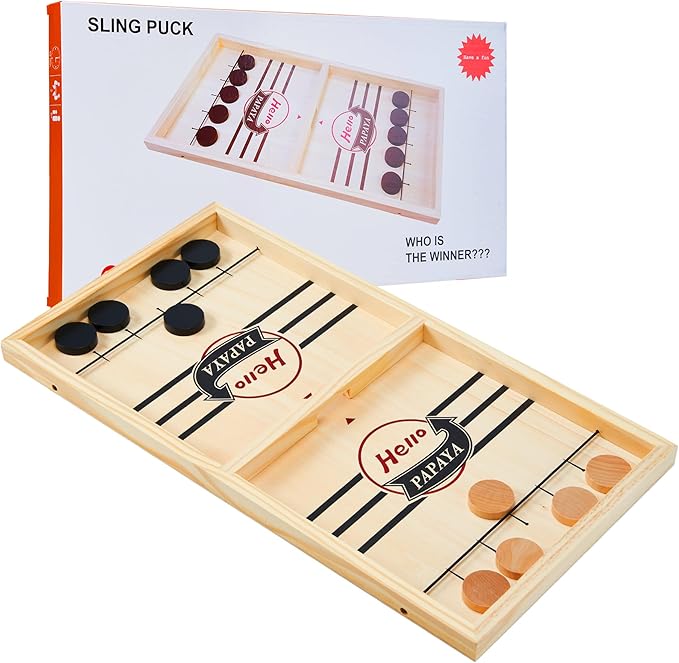 Fast Sling Puck Game - Test Your Speed and Accuracy with This Fast-Paced Wooden Air Hockey Desktop Battle Board Game - Guaranteed Fun Gifts for Family Night or Friends Party
