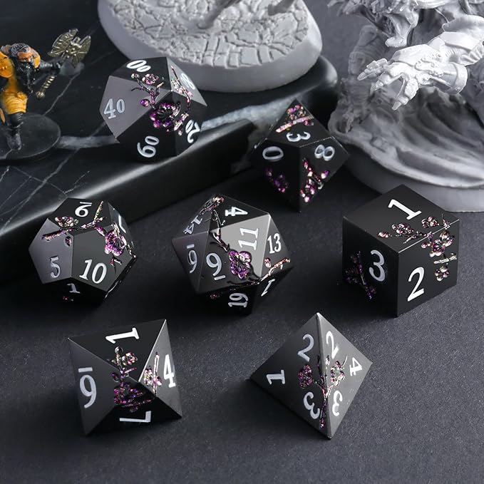 Glitter Purple Metal D&D Dice, DNDND 7 PCS Flower Metallic DND Dice Set with Gorgeous Gift Case for Dungeons and Dragon Tabletop Game (Matte Black with Glitter Purple Flower)