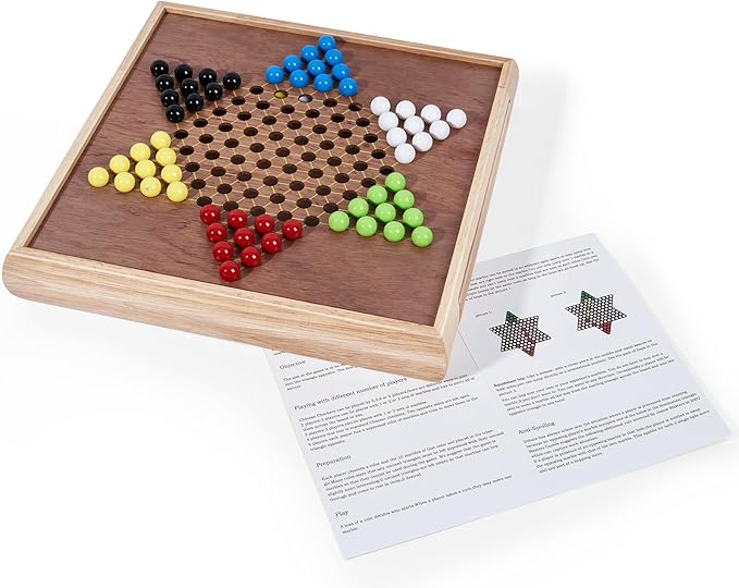 VAMSLOVE 13" Chess Chinese Checkers 2 in 1 Wooden Board Game Set with Pieces Storage Drawer - 2 Extra Queens, Bonus Marbles, for Birthday Gift (Instructions Included)