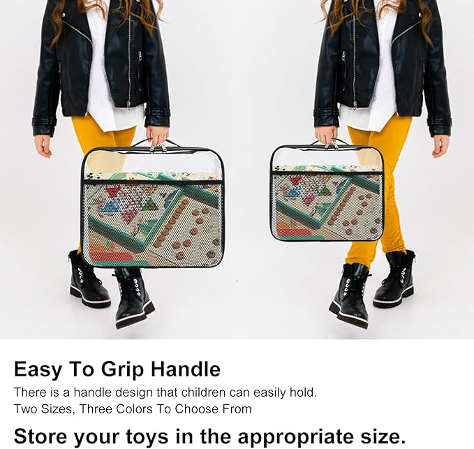 4 Pack Clear PVC Waterproof Toy Storage Bags with Name Tag Pockets - Zippered Organizer for 2x4 Building Blocks, Puzzles, Travel Toiletries, Kids Room Organization (Black, S & M)