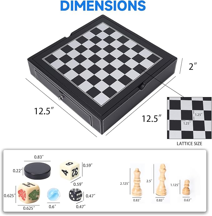 GSE Games & Sports Expert 12.5" Premium Leather 5-in-1 Chess, Checkers, Backgammon, Chinese Checkers, and Poker Dice Board Game Combo Set for Kids & Adults