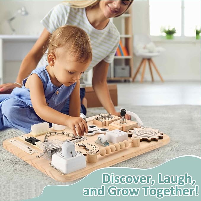 Potatomato Montessori Large Busy Board for 1 2 3 4 Year Old- Wooden Sensory Toys -Fidget Activity Board for Toddlers Boys and Girls- Motor Skills Gifts for ADHD & Autistic Children Kids