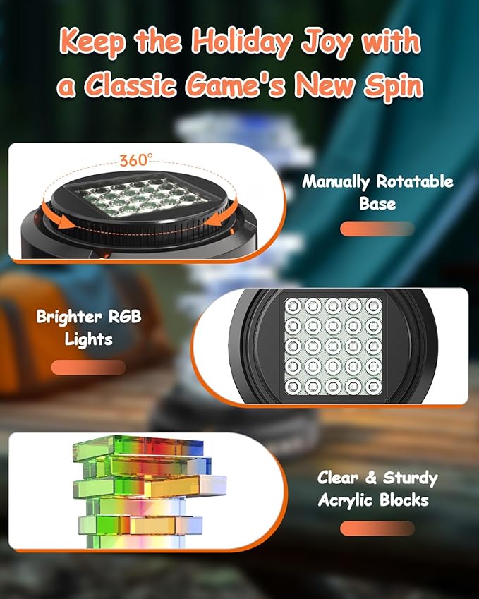 Glow in the Dark Tumbling Tower Game, Rotatable Base and Pickup Lights, Acrylic Blocks, Glowing RGB Stacking Game for Adult Kid, Indoor Board Game for Family Nights Party, Gift for Birthday Christmas