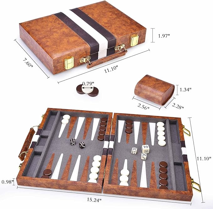 AMEROUS Backgammon Set, 11 Inches Classic Board Game withLeather Case, Folding Board, Gift Package, Portable Travel Strategy Backgammon Game Set for Adults, Kids (Small, Brown)