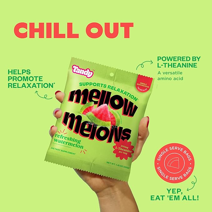 Tandy Mellow Melons L-Theanine Gummies I Relaxation Gummy with Refreshing Watermelon Flavor I Calming Gummies for Adults I Gluten-Free Fast-Acting Dietary Supplement Gummy I 6-Pack