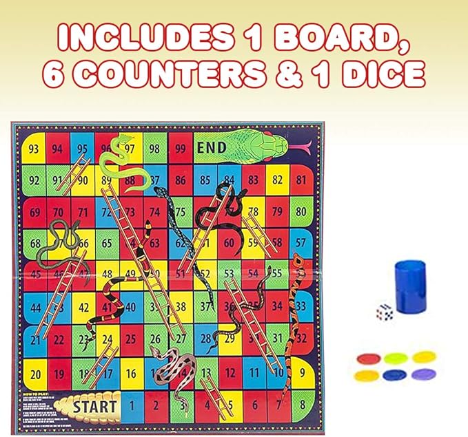 Gamie Snakes and Ladders Board Game for Kids, Complete Set with Board, 6 Pegs, and Dice, Classic Fun for Family Game Night and Classroom, Best Birthday Gift Idea for Boys and Girls