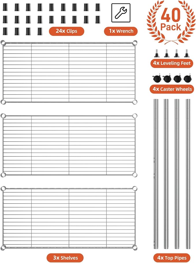 YSSOA 3-Tier Storage Shelves, 24.02" W x 13.78" D x 29.92" H Shelving Unit, 750 Lbs Loading Capacity, Chrome