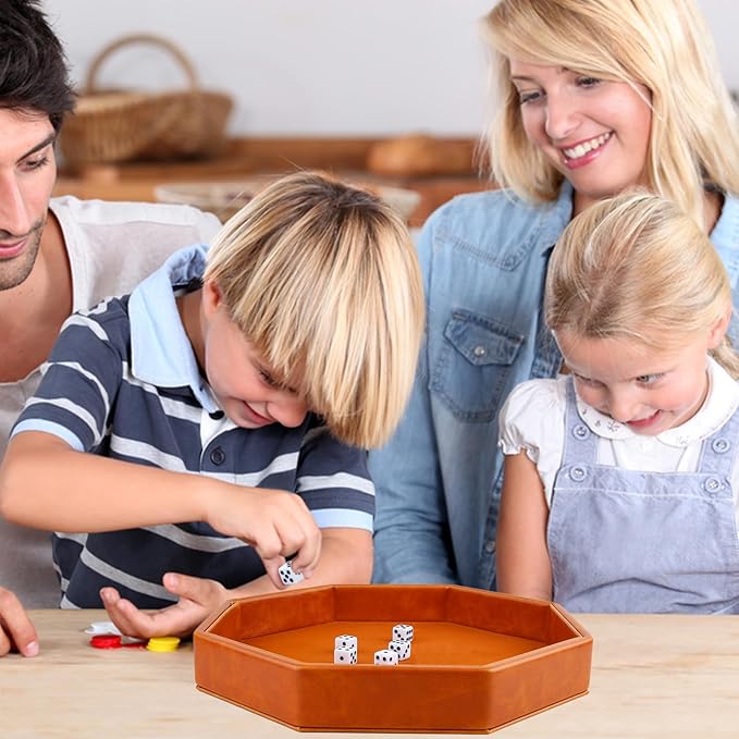 Dice Rolling Tray, Felt Lined PU Leather Octagon Dice Tray for Dungeon Crawler Games, Brown