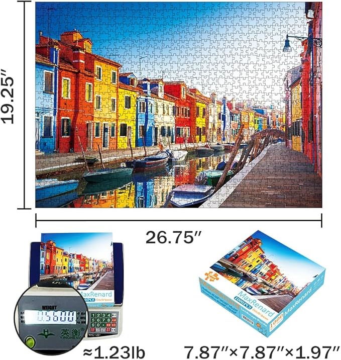 MaxRenard Brilliant Landscape Jigsaw Puzzle 1000 Pieces for Adults Colorful Venice Burano Island Home Wall Decoration Family Game Gift