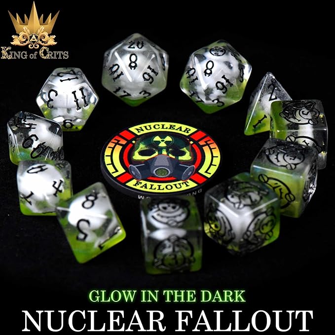 Nuclear Fallout 11 Dice Set | Glow in The Dark Radiation Wasteland Themed Polyhedral Dice Set | 3D Printed Mushroom Clouds and Geiger Counters DND MTG Tabletop Board Game Dice