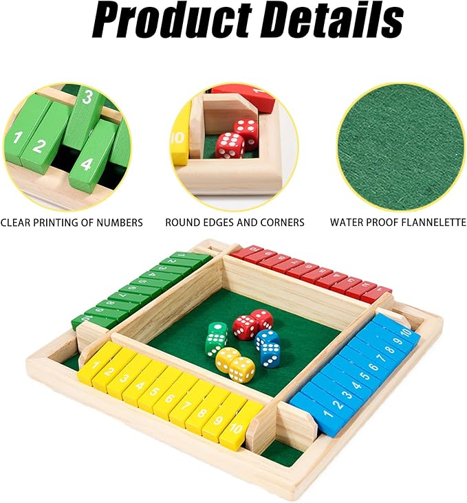 Winbar Shut The Box Dice Game, 2-4 Player Wooden Board Game with 8 dice Suitable for Gatherings classrooms Bars Math Games and Classic Tabletop Games with 8 dice