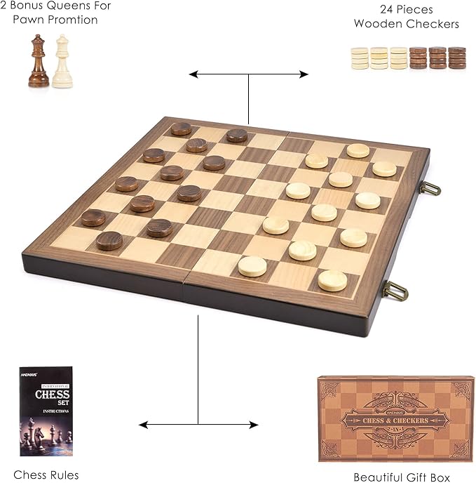 AMEROUS Magnetic Wooden Chess and Checkers Game Set, 15 Inches (2 in 1) Chess Board Games, 2 Extra Queens - Gift Package - Game Pieces Storage Slots, Beginner Chess Set for Kids, Adults