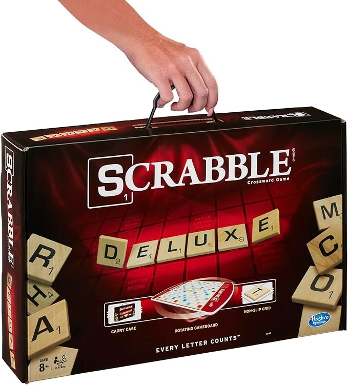 Hasbro Gaming Scrabble Deluxe Edition Letter Tiles Word Game | Rotating Board and Carrying Case | Ages 8+ | 2-4 Players | Classic Family Travel Games (Amazon Exclusive)