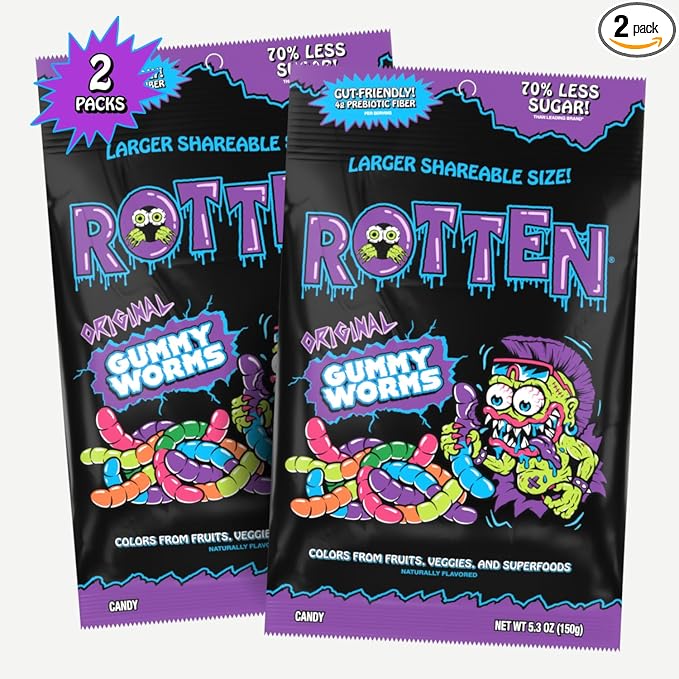 Rotten Original Gummy Worms - Low Sugar, Low Calorie, 7g Gut-Friendly Prebiotic Fiber and 3g Protein, Gluten Free Candy - 5.3 oz Share Pack [2 Pack]