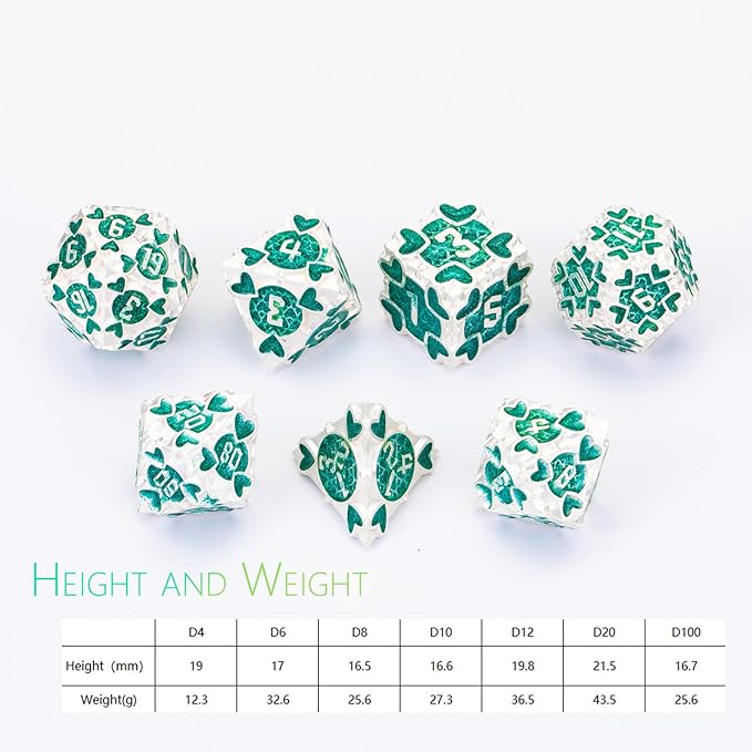 DND Metal Dice 7pcs DND dice Set with Gift Box for Dungeons and Dragons MTR PRG Tabletop Games (Silver-Green)