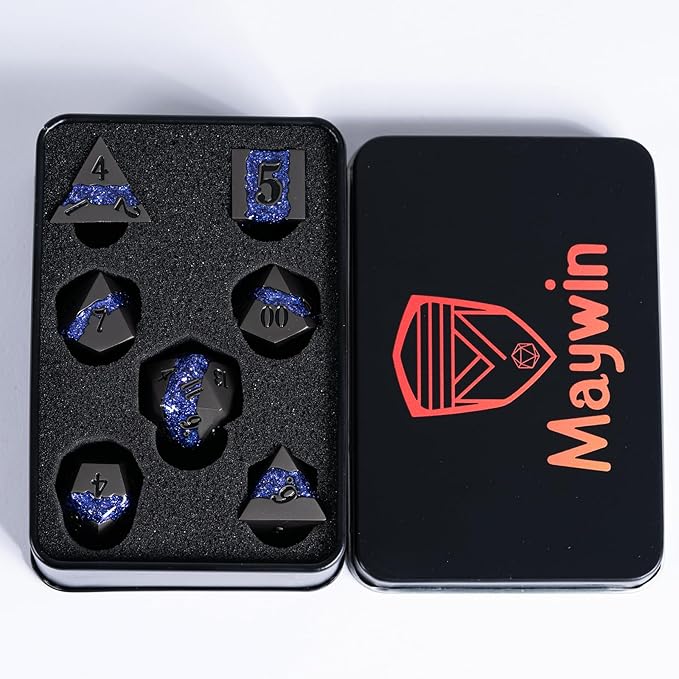 Metal DND Polyhedral Dice,Large Stripe Glitter Metallic Dice Set,Antique Silver Dice 7pcs Set for Role Playing Games(Pearl Gun Purple)