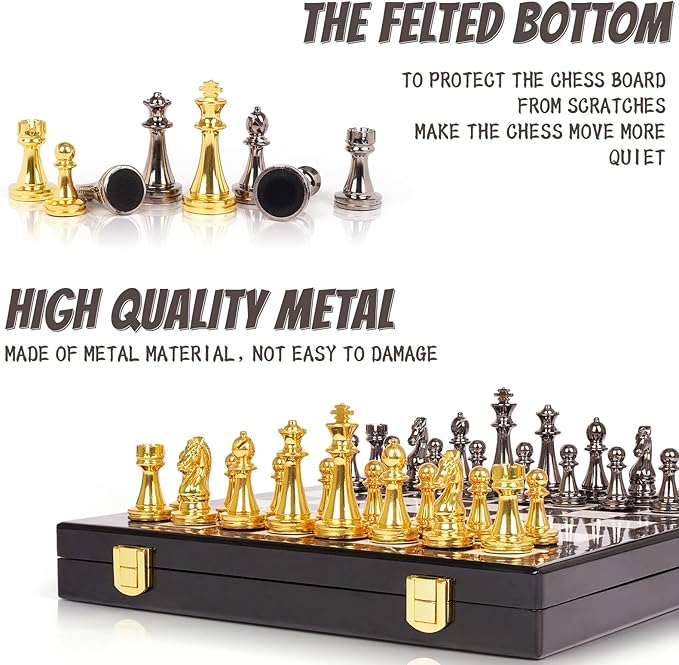 Metal Chess Set for Adults and Kids – Marbling Chess Board with Chess Pieces – Travel Chess Sets with Extra Queens with zinc Alloy Metal Pieces – Ideal for Beginners and Professional Players