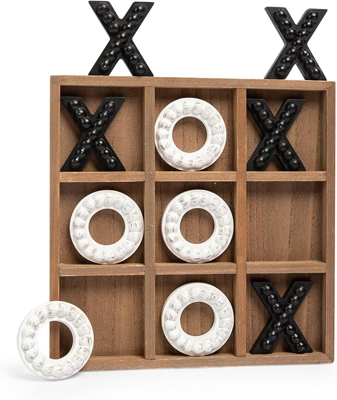 GENMOUS Wooden Tic Tac Toe Game Board for Kids Seniors Family Indoor Game, 10.6 Inch Rustic Giant Tic Tac Toe Coffee Table Decor, Fun for Family Travel Outdoor Game Room Decor
