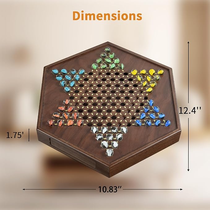 Chinese Checkers Set, 13 Inch Wooden Checkers Board Game with 60+12 Colorful Glass Marbles Fun Family Chinese Checkers Game for 2-6 Players