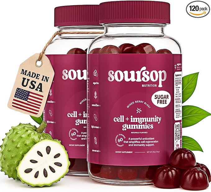 Soursop Gummies | Sugar Free | Cell + Immunity Gummie | with Powerful Antioxidants + Holistic Vitamins | Made from Soursop Leaves | Organic Fiber Gummie for Adults | Berry (2-Pack)