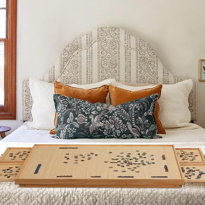 TEAKMAMA 2000 Piece Wooden Jigsaw Puzzle Board with 4 Drawers, Folding Puzzle Table with Protective Cover, Jigsaw Board with Legs, Multifunctional Game Table for Adults, 41.3W x 27.5D, Natural